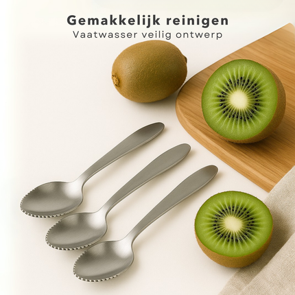 Cheqo® RVS Kiwi Lepel Set - Grapefruit Lepels - Fruitlepel - Fruitlepels met Gekartelde Rand - 3 Stuks