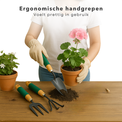 Cheqo® Tuingereedschap Set - Tuin Gereedschap Set - Tuingereedschapset - Hark - Spitvork - Plantschep - Tuin Accessoires - Voor Klein Tuinwerk - Houten Handvat - 27 cm