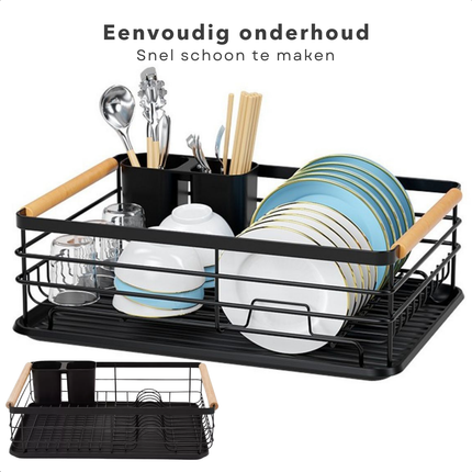 Cheqo® Metalen Afwasrek - Afdruiprek - Vaatdroger - Zwart - Vaatwasrek - Keukenrek - Met Lekbak en Bestekhouder