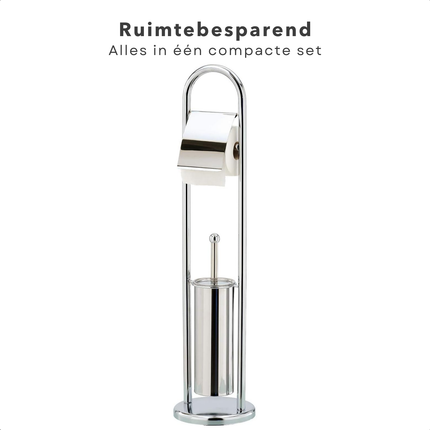 Cheqo® Staande Toiletset - Mat RVS - Vrijstaande Toiletrolhouder en Borstel - 80cm Hoog - Toiletbutler Vrijstaand - Toiletborstel met Houder - WC Rolhouder met Klep