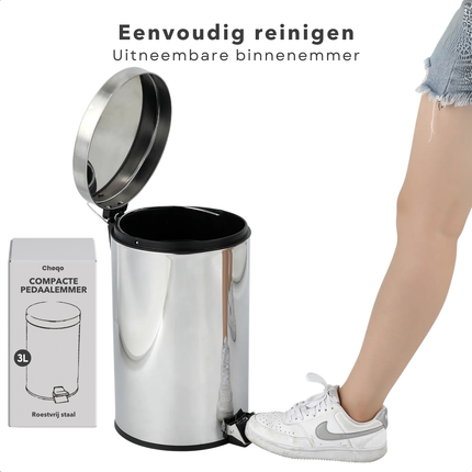 Cheqo® RVS Prullenbak - Pedaalemmer - Afvalbak - Compact voor Badkamer & Toilet - Roestvrij Staal