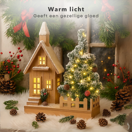 Cheqo® Verlicht Kersthuisje - Kersthuis met LED Verlichting - Warm Wit - Werkt Op Batterijen - Houten Kersthuis - Kerstdecoratie - Kersthuisjes En Kerstdorpen - Aanloopsnoer - Kerstornament Kerstdorp - Sfeerverlichting - Winterdecoratie