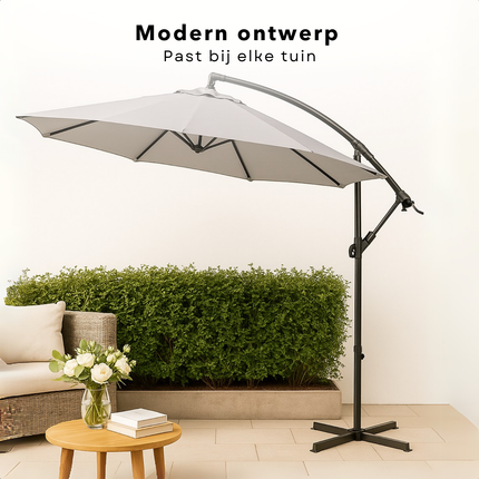 Cheqo® Zweefparasol 3M - Zweef Parasol Kantelbaar - Verstelbaar Stalen Frame - Inclusief Voet - Voor Tuin en Balkon - Grijs