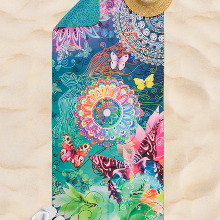 Strandlaken 75x180 cm - Mandala en Vlinders Print - Kleurrijk Polyvelvet - Voor Sport & Reizen
