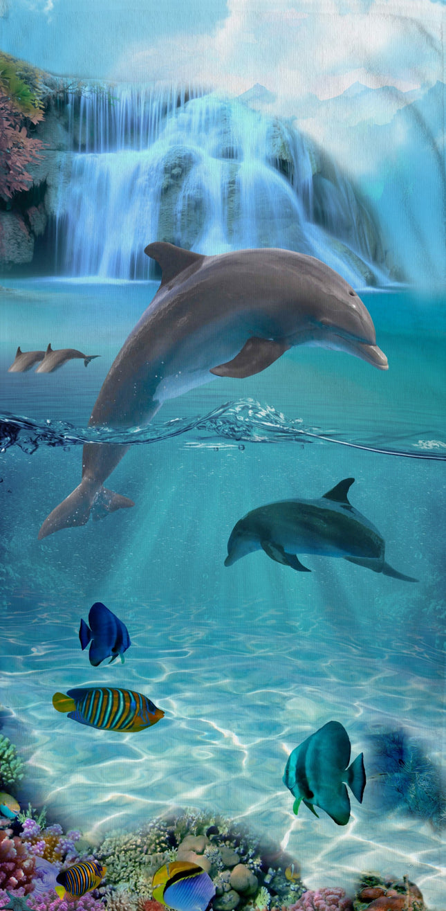 Strandlaken voor Kinderen - 75x150 cm - Dolfijnen en Waterval Print - Blauw - Poly Velours