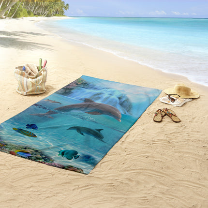 Strandlaken voor Kinderen - 75x150 cm - Dolfijnen en Waterval Print - Blauw - Poly Velours