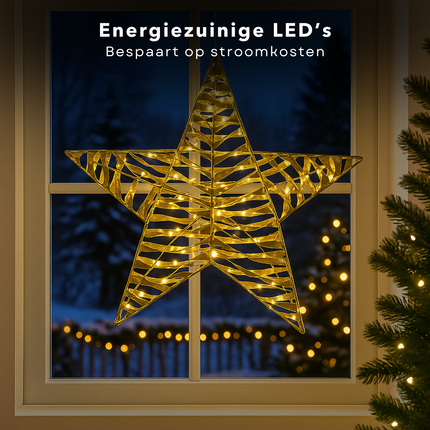 Cheqo® Verlichte Kerstster - Gouden Kerstster - 60 Led Lampjes - Warm Wit Licht - Microled Verlichting - Kerstdecoratie Binnen - Metalen Kerstster - Kunststof Kerstster - Timer Functie - Batterij Aangedreven - Gouden Kerstster - Kerst Ster