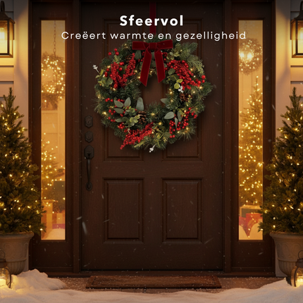 Cheqo® Kerstkrans Met Dennenappels - Rode Bessen Kerstkrans - Groene Takken Krans - Traditionele Kerstkleuren - Ø50 CM Krans - Klassieke Kerstdecoratie - Feestelijke Krans - Kerstversiering Groen Rood - Deurkrans Kerst - Wandkrans Kerst