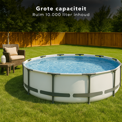Cheqo® Opzetzwembad Rond – Familie Zwembad met Frame – Bovengronds Zwembad met Filterpomp – 10220L – Duurzaam PVC – Roestbestendig – Waterpret in de Tuin – Eenvoudig Zonder Gereedschap – Zomerse Verkoeling