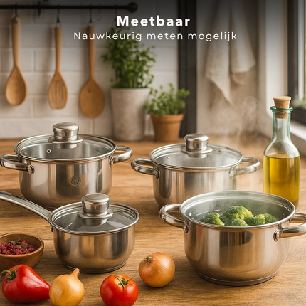 Cheqo® Roestvrijstalen Pannenset – 8-Delige Pannenset – Geschikt voor Inductie & Alle Warmtebronnen – Vaatwasmachinebestendig – Glazen Deksel met Stoomgat – PFAS-Vrij – Met Maataanduiding – Kookpan met Deksel – Sauspan met Deksel