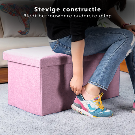 Cheqo® Opvouwbare Poef Met Opbergruimte - Roze - Grote Opbergbox - Organizer - Voetenbankje - Hocker - MDF en Katoen