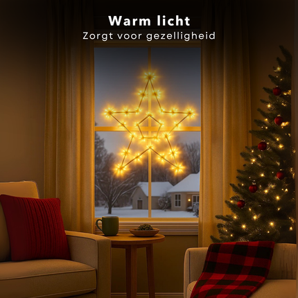 Cheqo® Kerstster 250 Led - Warm Wit Licht - Ø60cm Kerstdecoratie - Binnen En Buiten Gebruik - IP44 Beschermwaarde - Firework Effect Verlichting - 5 Meter Aansluitsnoer - Verlichte Kerstster - Blikvanger Kerstverlichting - Clusterverlichting