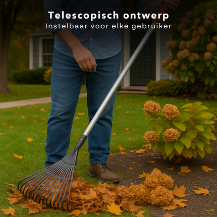 Cheqo® Telescopische Tuinhark – Verstelbare Bladhark met Uitschuifbare Steel – Aluminium & Koolstofstaal – Corrosievrij Tuingereedschap – Lichtgewicht Hark voor Tuin en Gazon – Stevige Telescopische Handgreep