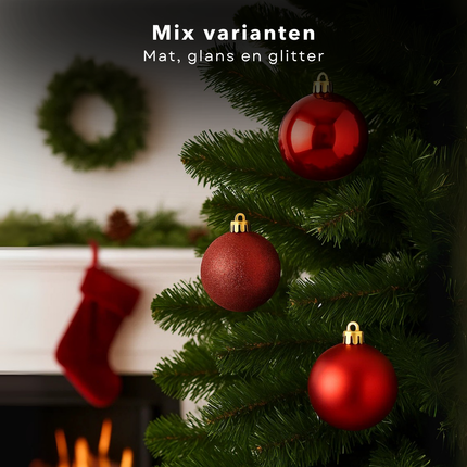 Cheqo® Rode Kerstballen Set - 70 Stuks - Kunststof Kerstballen - Kerstbal Opbergbox - Rood Kerstdecoratie - Mat Glanzend Glitter - Verschillende Uitvoeringen - Met Kerstbal Opbergbox - Opbergdoos - Afsluitbaar Deksel