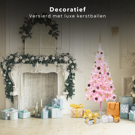 Cheqo® Roze Kerstboom - Kunstkerstboom 150 cm - Inclusief LED-Verlichting en Kerstballen - PVC en Staal