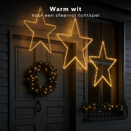 Cheqo® Ster Kerstverlichting - Kerstster - Warm Witte LED - Decoratieve Hangers - Zwarte Metalen Frame - Moderne Stijl - Kerstdecoratie Buiten - LED Lampjes Met Timer - 180 LED Lampjes - Adapter Inbegrepen - Tuinverlichting