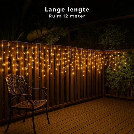 Cheqo® Ijspegel Verlichting - Lichtgordijn - 360 LED's - 12 Meter - Warm Wit - Binnen En Buiten - LED Lampjes - Kerstverlichting - IP44 Adapter - 3 Meter Aanloopsnoer - Lange En Korte Strengen - 52 cm Strengen - Energiezuinig