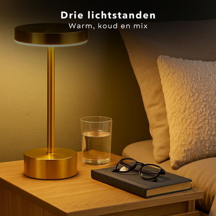 Cheqo® Gouden Tafellamp Oplaadbaar - Draadloos En Dimbaar - Touch Lamp - Nachtlamp Slaapkamer - Usb Oplaadbaar - Dimbare Tafellamp - Moderne Touch Lamp - LED Tafellamp - Tafellamp Zonder Snoer - Goud Tafellamp