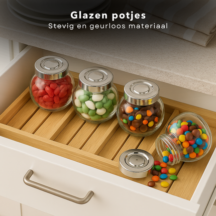 Cheqo® Glazen Voorraadpotten - Voorraadpotten Met Deksel - Kruidenpotjes Glas - Opbergpotten Keuken - Glazen Pot Met Schroefdeksel - Glazen Pot Voor Kruiden - Glazen Pot Voor Thee - Ronde Glazen Pot - Set Van 4 Potten - 200 ml Glazen Pot