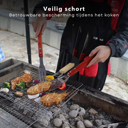 Cheqo® Premium BBQ Gereedschap Set - BBQ Schort - Barbecue Accessoires - 7-Delig - Roestvrijstaal - Inclusief Spatel, Vork, Vleestang & Meer - BBQ Tang