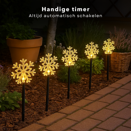 Cheqo® LED Tuinstekers - Sneeuwvlok Verlichting - Set Van 5 - Warm Wit LED - Buitenverlichting - IP44 Waterdicht - Acryl Sneeuwvlok - Kunststof Grondpen - Batterij Aangedreven - Automatische Timer - 8 Uur Aan Timer - 16 Uur Uit Timer