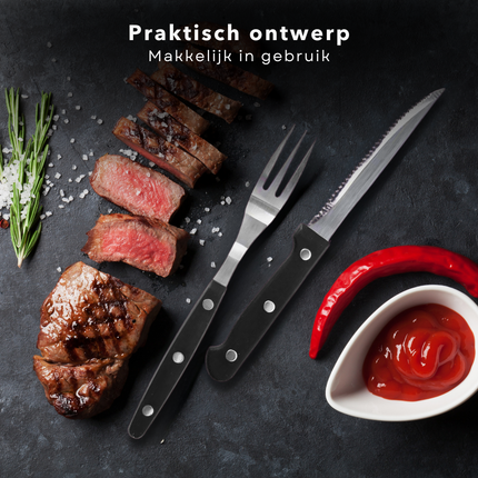 Cheqo® BBQ Steakmessen en Vorken Set - Steakmes - Barbecue Bestek - 8-delig - RVS Zwart - Perfect voor BBQ