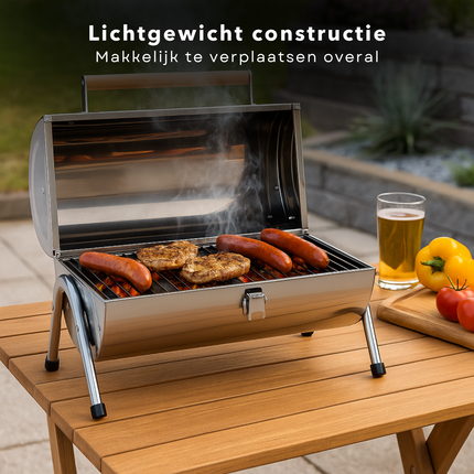 Cheqo® Draagbare Houtskoolbarbecue – Compacte Cilinder BBQ – RVS Tafelbarbecue – Opvouwbare Mini Barbecue voor Camping, Tuin, Balkon & Picknick – Dubbel Grilloppervlak – Lichtgewicht Chroom BBQ met Sluitclip – Voor Buiten & Reizen