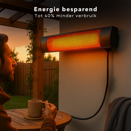 Cheqo® Elektrische Terrasverwarmer - Infrarood Verwarming - 2000W Vermogen - Hangend Model - IP55 Bescherming - Spatwaterdicht - Binnen En Buiten Gebruik - Gouden Halogeenlamp - Wand- Of Plafondmontage - Energiezuinig