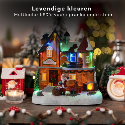 Cheqo® Kersthuisje Polyresin - Kersttafereel - Kerstdorp Huisje - Verlichting & Beweging - LED Trein