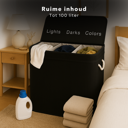 Cheqo® Wasmand 3 Vakken - Wassorteerder - Bamboe Materiaal - Zwart Design - 100 Liter Inhoud - Licht Donker Kleur - Makkelijk Te Monteren - Geen Gereedschap Nodig - Wasbare Binnenzak - Wasgoed Organizer