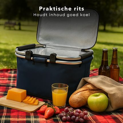 Cheqo® Picknickmand Blauw - Opvouwbare Koelmand - Aluminium Frame - Oxford Cloth - Met Rits - Lichtgewicht Koelmand - 40 x 23 x 20 cm - Picknick Accessoire - Draagbare Koelmand