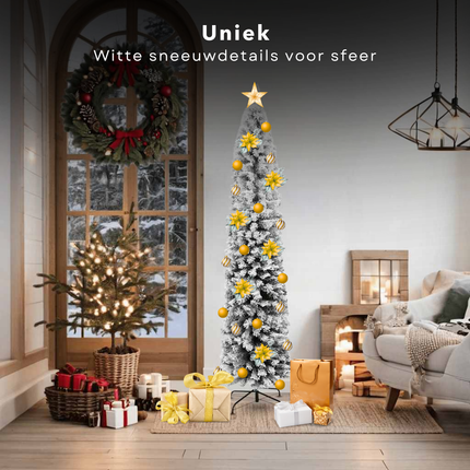 Cheqo® Kunstkerstboom Smal - Smalle Kerstboom - 180 cm - Met Sneeuw - PVC - Binnen en Buiten