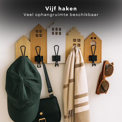Cheqo® Kapstok Met Huisjes - Wandkapstok - Kapstok Met Haken - Decoratieve Kapstok - Huisjes Design - Kapstok Voor Hal - Kapstok Voor Kinderkamer - Moderne Kapstok - Compacte Kapstok - Jas Ophangen - Garderobe