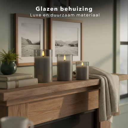 Cheqo® LED Kaarsen Set – Inclusief Afstandsbediening – Grijs Glasdesign – Werkt op Batterijen – Timerfunctie – Dimbare Verlichting – Twee Lichtstanden – Decoratieve Kaarsen – Elektrische Kaarsen - LED Kaars