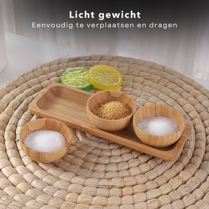 Cheqo® Bamboe Tapas Set - Serveerplank 21x7 cm - Inclusief 3 Schalen - Duurzaam Bamboe