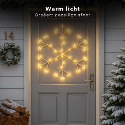 Cheqo® Verlichte Sneeuwvlok - Deurkrans - 216 Led Lampjes - Warm Wit Licht - Ø60 cm - Binnen En Buiten Gebruik - IP44 Beschermwaarde - Kerstdecoratie - Grote Sneeuwvlok - Firework Effect - 5 Meter Aansluitsnoer - Energiezuinige Verlichting