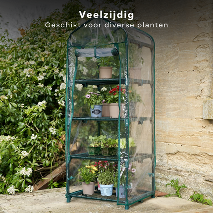 Cheqo® Multifunctionele Plantenkas - Tuinkas - 4 Verdiepingen - 50 x 45 x 130 cm - Kweekkas met Roldeur - Kweekrek voor Tuinieren en Bescherming van Planten