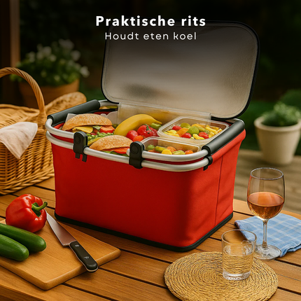 Cheqo® Opvouwbare Picknickmand - Picknickmand Rood - Koelmand Met Rits - Aluminium Frame - Oxford Cloth - Lichtgewicht Mand - Draagbare Picknickmand - Picknickmand Met Handvat - Picknickmand Voor Buiten - Picknickmand Voor Reizen
