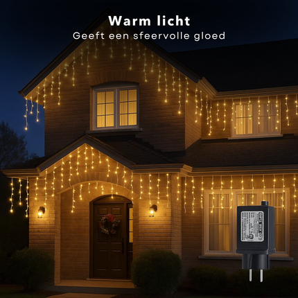 Cheqo® Ijspegel Verlichting - Ijspegelverlichting 180 LED Lampjes - Kerstverlichting Warm Wit Licht - Lichtfuncties met Timer - Transparant Snoer - 6 Meter Breed - 3 Meter Aanloopsnoer - Binnen en Buiten Gebruik - IP44 Adapter - 8 Lichtfuncties