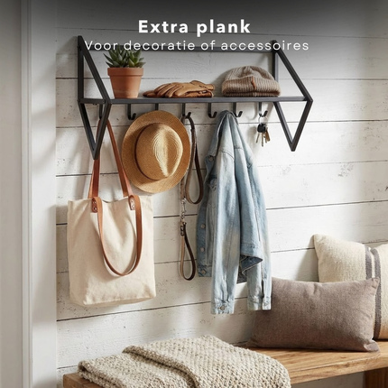 Cheqo® Wandkapstok - Kapstok met Plank - Wandkapstok met Plank - Wandkapstok met Haken - Wandkapstok 7 Haken - Zwarte Wandkapstok - Kapstok Hal - Kapstok Industrieel Zwart