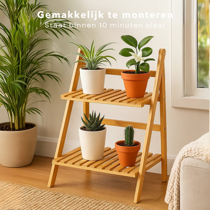 Cheqo® Bamboe Plantenrek - Plantenstandaard Bamboe - 2-Laags Plantenrek - Bamboe Materiaal - Plantenrek Binnen - Compacte Afmetingen - Lichtgewicht Ontwerp - Natuurlijke Uitstraling - Decoratief Plantenrek - Gelakt Bamboe