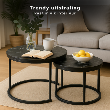 Cheqo® Industriële Bijzettafels Set - Modern Design - Bijzettafel Set - Bijzet Tafel - Salontafel Industrieel - Zwart MDF & Metaal