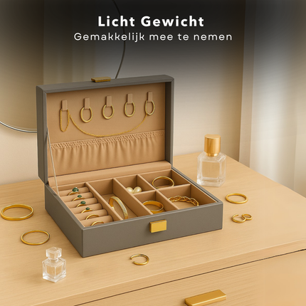 Cheqo® Sieradendoos Kunstleer - Bijouteriedoos - Sieradenkoffer - Juwelendoos - Sieraden Organizer - Grijs - Sieraden Doos - Sieradendoosje Met Kettinghaakjes en Ringklemmen