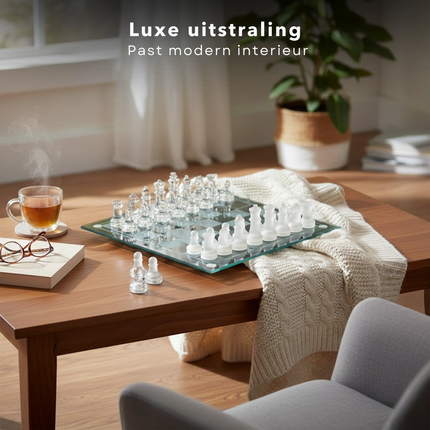 Cheqo® Glazen Schaakset - Glazen Schaakspel - Glazen Schaakbord - Schaakset - Schaakspel - Schaakbord - Schaakbordspel - Schaakset Volwassenen - Schaakspel Volwassenen - Luxe Schaakset - Schaakset Cadeau