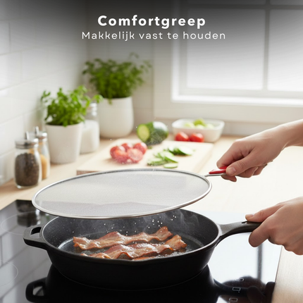 Cheqo® Anti Spatdeksel - Spatscherm Pan - Spatscherm - Spatdeksel - Deksel Tegen Spatten - Spetterdeksel - Kookspatdeksel - Anti Spetter Deksel - Anti Spat Deksel - Rood Anti Spatdeksel - Rood Spatdeksel