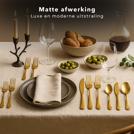 Cheqo® 16-Delige Bestekset - Mat Goud - Roestvrij Staal - Vaatwasserbestendig - Handwas Aanbevolen - Bestekset Voor 4 Personen - Lepels, Messen, Vorken - Tafelbestek - Stijlvolle Afwerking - Hoogwaardige Kwaliteit - Elegant Design