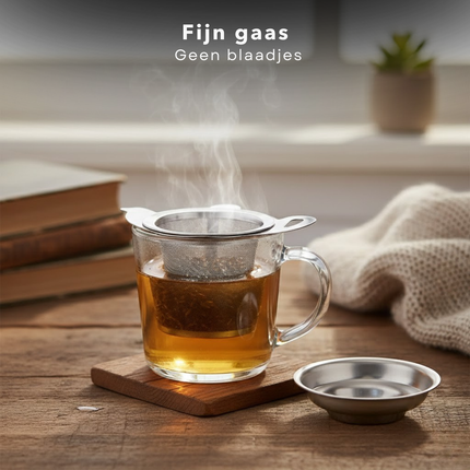 Cheqo® Theezeef - Theezeef met Houder - Theezeef met Opvangbakje - Theezeef met Lekbakje - Theezeef met Standaard - Theezeef voor Losse Thee - Thee Filter - Theezeef voor Theepot