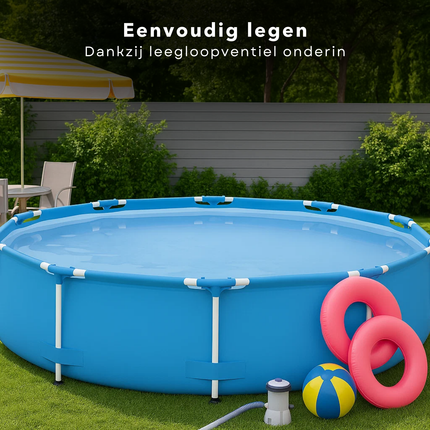 Cheqo® Zwembad Set – Rond Opzetzwembad met Stevig Stalen Frame – PVC Liner – Filterpomp & Cartridge – Leegloopventiel – Zwembad voor Kinderen – Eenvoudig op te Zetten – Tuinzwembad met Accessoires – Zwembad