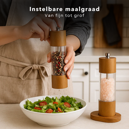Cheqo® Eikenhouten Pepermolen - Eikenhouten Zoutmolen - Instelbare Maalgraad - Keramisch Maalwerk - Set van 2 - met Houder - Peper Zoutstel - Geschikt voor Kruiden - Fijn tot Grof Malen - Pepermolen en Zoutmolen Set