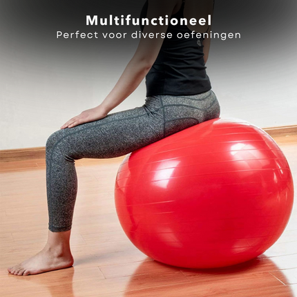 Cheqo® Fitness Bal Ø75 cm - Rood - Balansbal - Zitbal - Zwangerschapsbal - Revalidatie en Sport - Max. 120 KG Belastbaar -  Yoga Bal - Pilates Bal - Zwangerschapsbal - Verbeter je Houding - Thuiswerken Fitnessballen